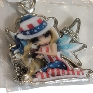 American fairy necklace pendant  chain red white blue stars stripes new.